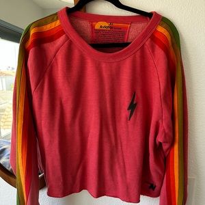 AVIATOR NATION BOLT EMBROIDERY CLASSIC CROP CREW SWEATSHIRT PINK RAINBOW STRIPES